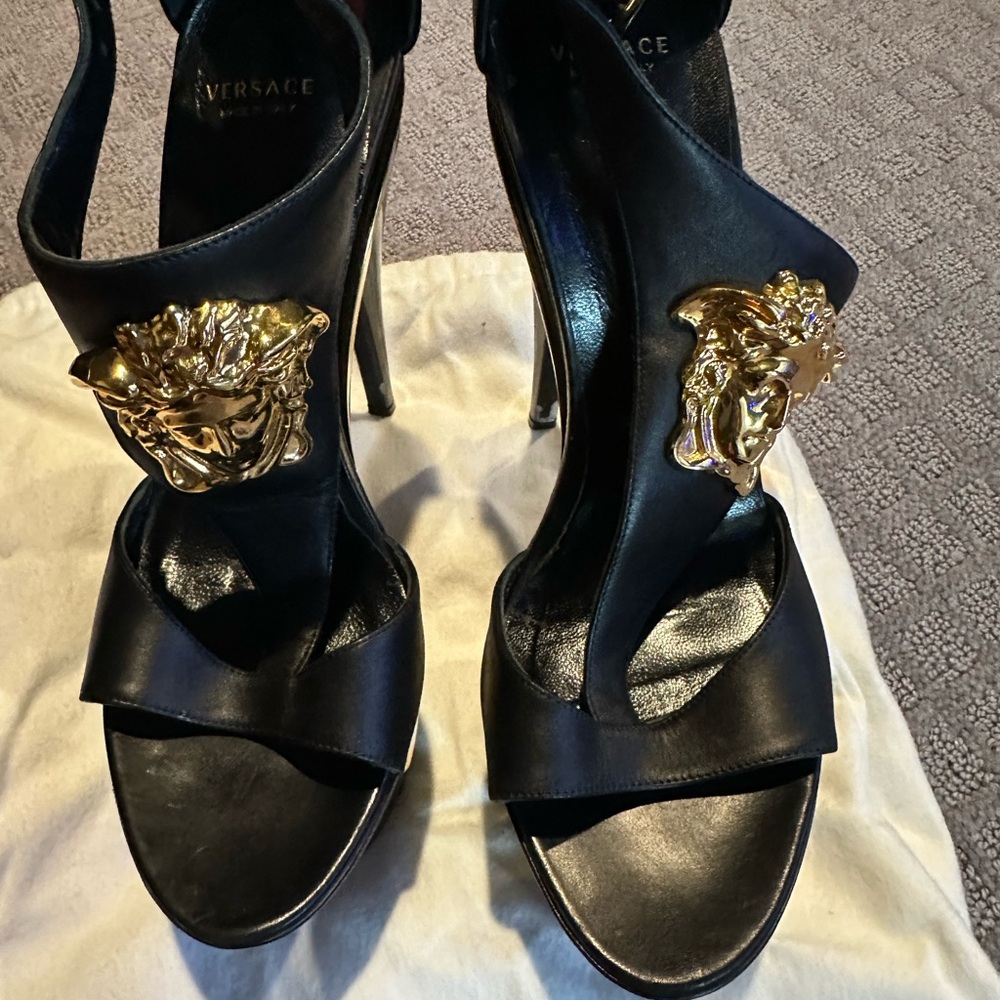 Versace Black and Gold Gladiator Heels